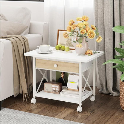 EasyCom 23.6" x 15.7" Under Desk Printer Stand with Storage Drawer, 2-Tier Shelf Desktop Printer Table for Desk with Wheels, Large Rolling Cart for Home Office Fits 3D Printer Scanner White