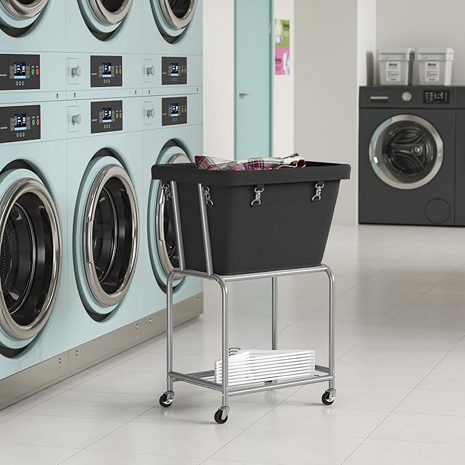ELYKEN Rolling Laundry Hamper with Wheels, Laundry Cart with Removable Bag, Heavy Duty Metal Frame, 2-Tier Clothes Basket Hamper with Shelf for Closet, Bedroom, Bathroom, Laundry Room, Black