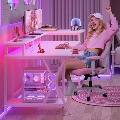 SEDETA White Gaming Desk 70.8'' with LED Lights and Storage Shelves, Computer Desk with Monitor Stand, Power Outlets and Cup Holder, Large PC Gamer Desk, Gaming Table for Bedroom, Living Room