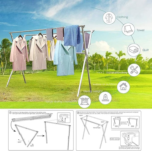 Premium Stainless Steel Clothes Drying Racks 81.5-83 Inches Heavy Duty Drying Rack Clothing Collapsible Foldable Portable Large Laundry Drying Rack with 20 Windproof Hooks for Indoor Outdoor