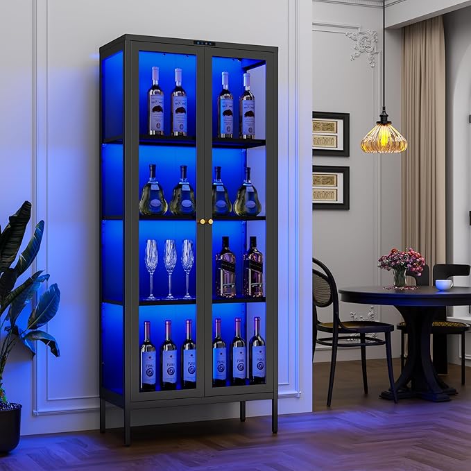 Glass Display Cabinet with 8-Color LED Lights, Black Curio Cabinet with Glass Doors, 66 Inch Tall Display Case for Collectibles, Metal Storage Cabinet for Living Room, Assembly Required