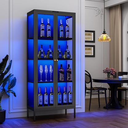 Glass Display Cabinet with 8-Color LED Lights, Black Curio Cabinet with Glass Doors, 66 Inch Tall Display Case for Collectibles, Metal Storage Cabinet for Living Room, Assembly Required