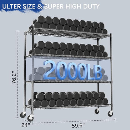 Heavy Duty Shelving, 76.2" H Garage Shelving Unit with Wheels, 4-Tier Garage Storage Shelves Metal Shelves Rack, Adjustable Industrial Shelving for Warehouse Storage, 60" W x 24" D x 76.2" H, Black