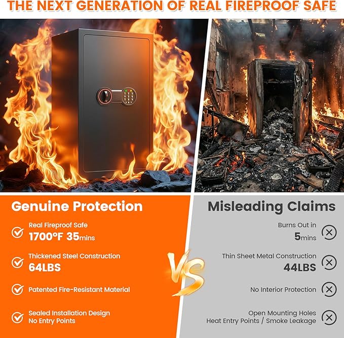 35Mins Real Fireproof Safe, 27.6"H Large Safe Box, Wider Deeper Design, Heavy Duty Fire Safe with Combination Lock, Alarm System, Removable Shelves, Security Safe for Home Business Office