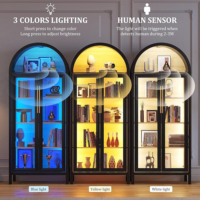 Display Cabinet with Glass Doors, 5-Tier Tall Curio Cabinet with LED Lights Display Case for Collectibles, Black