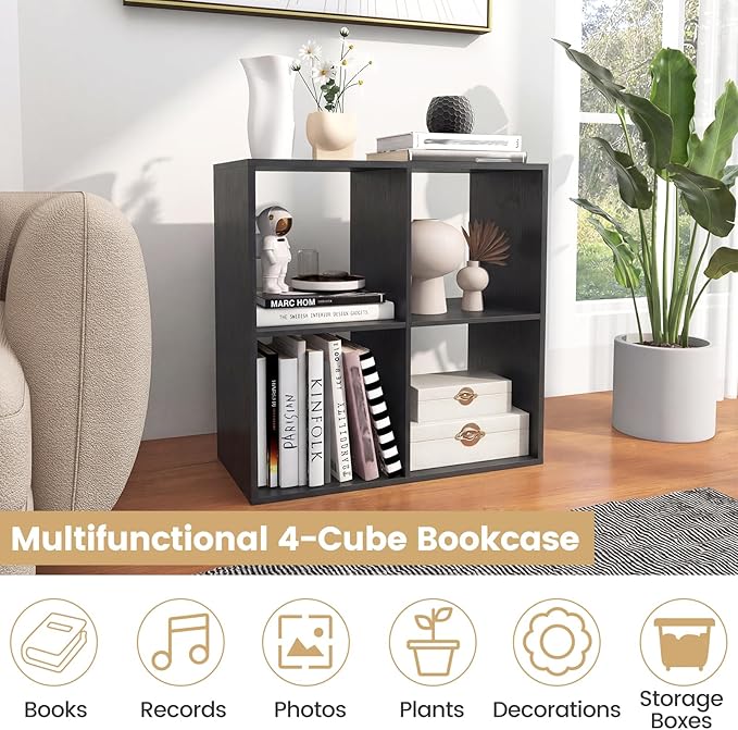 Giantex 4-Cube Bookcase, Cubby Bookshelf w/Back Guardrail & Anti-Tipping Kits, 6-Tier Freestanding Storage Organizer with Shelves, Open Back Display Rack for Living Room, Study