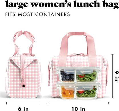 Fit & Fresh Remi Neoprene Lunch Bag For Women - Meal Prep Kit with Containers & XL Ice Pack, Self Insulating Neoprene-like Material, Machine Washable Lunch Bag, Tear & Stain-Resistant, Pink Gingham