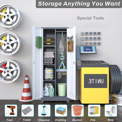 Locking Cabinet,Metal Garage Storage Cabinets with 2 Doors,Garage Tool Storage Cabinets with 3 Adjustable Shelves,Lockable Storage Cabinet for Basement,Home Office,Grey-White