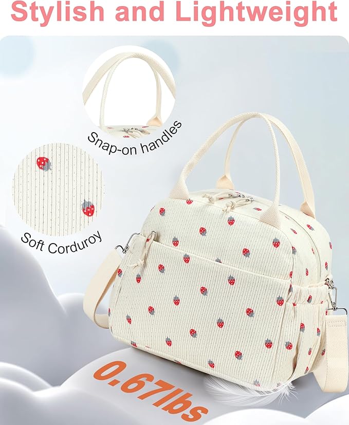 Bluboon Lunch Bag for Women Cute Corduroy Lunch Tote Bags with Shoulder Strap Reusable Insulated Lunch Box Large Capacity Reusable Insulated Cooler for Work Picnic or Travel (13L)