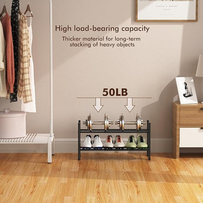 Expandable Shoe Rack, 2 Tier Shoe Rack for Closet, Stackable Adjustable Standing Metal Shoe Shelf Organizer Storage, Small Shoe Racks for Front Door Entrance、Entryway(Black)