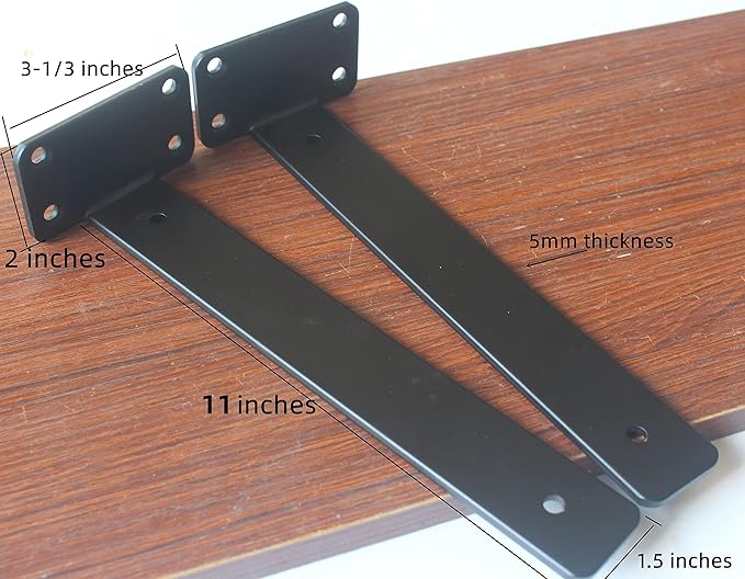 4 Pack - 11 inch Black Hidden L Shelf Bracket (1/5 Inch Thicked) Iron Floating Shelf Brackets Rustic Industrial Metal Brackets for Shelf Support