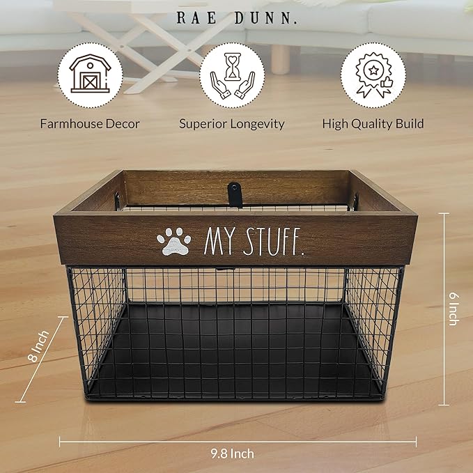 SmartSniffs Pet Toy Storage - Metal & Wood Dog & Cat Toy Bin - Organizer for Accessories, Leash, Blanket, Food - Container Baskets for Dogs & Cats, 9.75" x 8" x 6