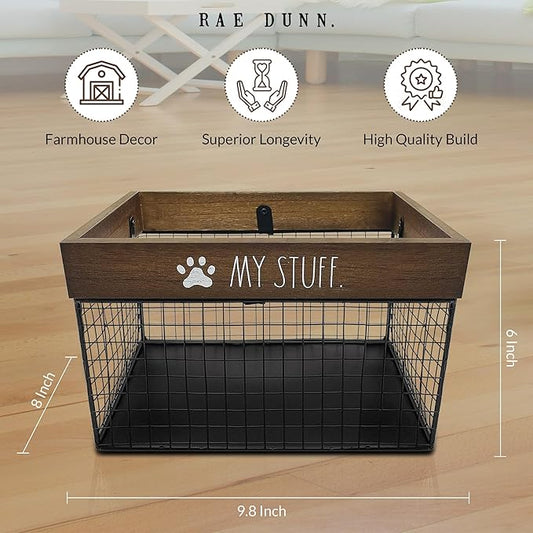 Rae Dunn Pet Toy Basket - Metal & Wood Dog & Cat Toy Storage Bin - Organizer for Leash, Blanket, Treats, Food & Accessories - Container Baskets, 9.75" x 8" x 6"