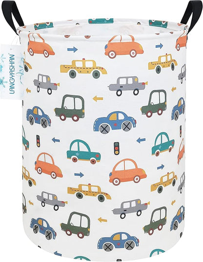 LANGYASHAN Laundry Basket Canvas Fabric Collapsible Organizer Basket for Storage Bin Toy Bins Gift Baskets Bedroom Clothes Children Nursery Hamper (Round Color Cars)