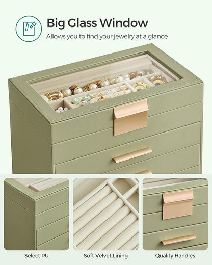 SONGMICS GISELLA Collection - Jewelry Box Organizer, 4-Layer Jewelry Storage with 3 Drawers, Shiny Metal Hardware, Glass Lid, Modern, 6 x 9.9 x 8.5 Inches, Laurel Green and Gold Color UJBC161C02