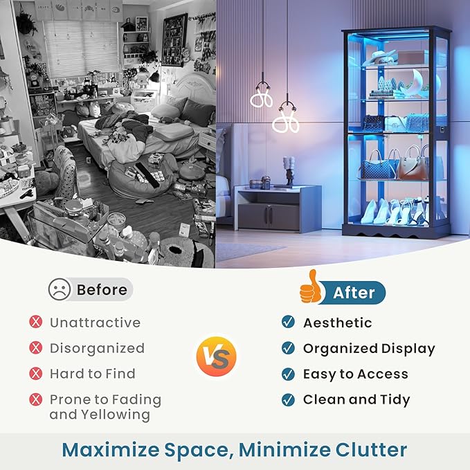 Glass Display Cabinet with Doors, RGB Curio Cabinet with LED Lights for Collectibles, Display Case with Adjustable Shelf, Black