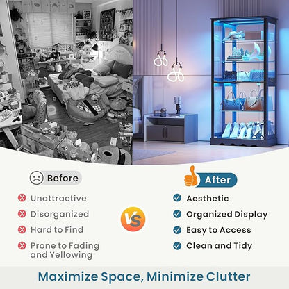 Glass Display Cabinet with Doors, RGB Curio Cabinet with LED Lights for Collectibles, Display Case with Adjustable Shelf, Black