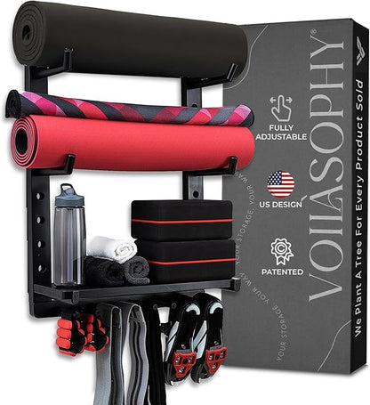 Yoga Mat Holder Wall Mount Home Gym Storage Organizer - Fully Adjustable, All Wood, Crafted Yoga Mat Rack Gym Shelf for Workout Equipment Storage. Unique Yoga Gift for Wall Yoga Storage, Plant a Tree!