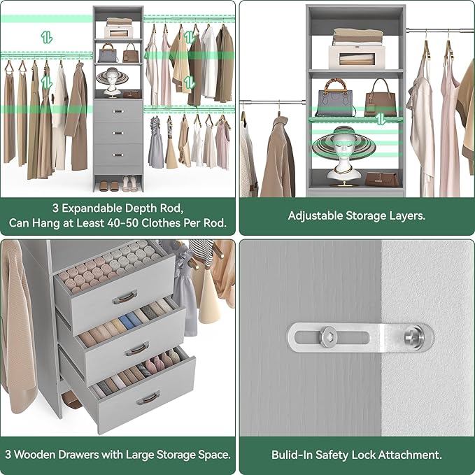 96'' Closet Organizer System with 3 Hanging Rods, 8FT Closet Organizers and Storage with 3 Wooden Drawers, Built in Closet Organizer Systems, Adjustable Walk-in Wardrobe from 5-8FT, Grey