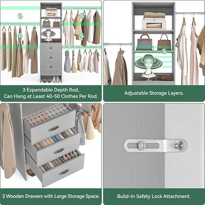 96'' Closet Organizer System with 3 Hanging Rods, 8FT Closet Organizers and Storage with 3 Wooden Drawers, Built in Closet Organizer Systems, Adjustable Walk-in Wardrobe from 5-8FT, Grey