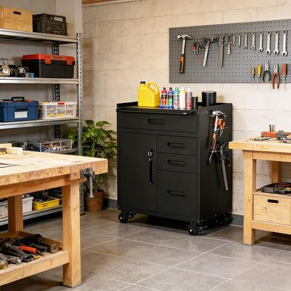 Metal Garage Storage Cabinet on Wheels, Lockable Rolling Tool Cabinet with Doors and 4 Drawers, Heavy Duty Mobile Steel Cabinet for Garage Warehouse Workshop