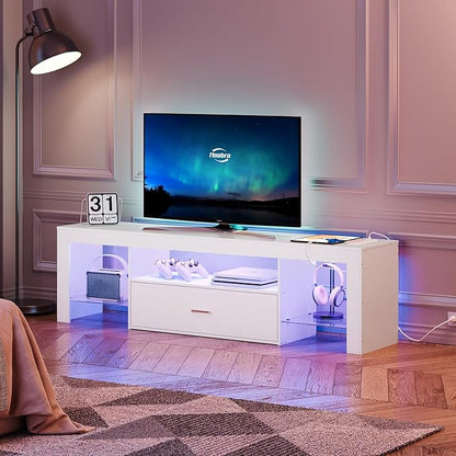 HOOBRO LED TV Stand with Power Outlets to 65 inch TV, Gaming Entertainment Center with Glass Shelves and Large Drawer, Modern Media TV Console Table for Living Room Bedroom, White WT14UDDS01