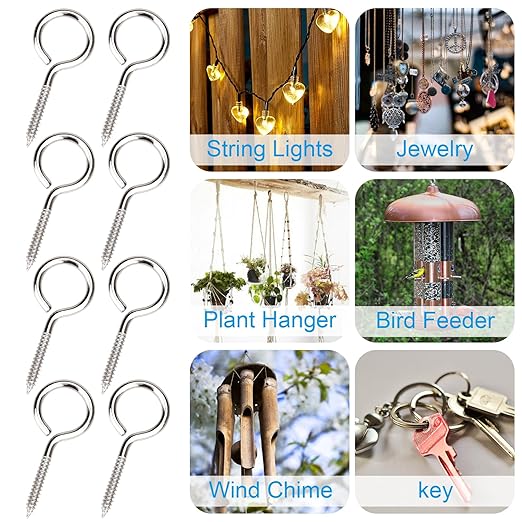 Aovchei Eye Screws, 30Pcs 1.57 inches 304 Heavy Duty Stainless Steel Screw Hooks, Rust-Resistant Self Tapping Eyelet Bolts for Wood, Securing Cables Wires, Indoor & Outdoor for Hanging Artwork