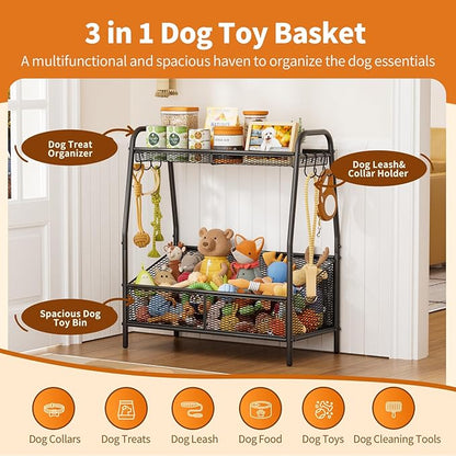 Full Metal Dog Toy Basket, 23.6"x11.2"x7.9" Large Dogs Toy Bin with Storage Organizer, Chew-Resistant Toy Box for Dog Stuff Accessories, Pet Toy Storage Holder for Cat Dogs Essential Supplies