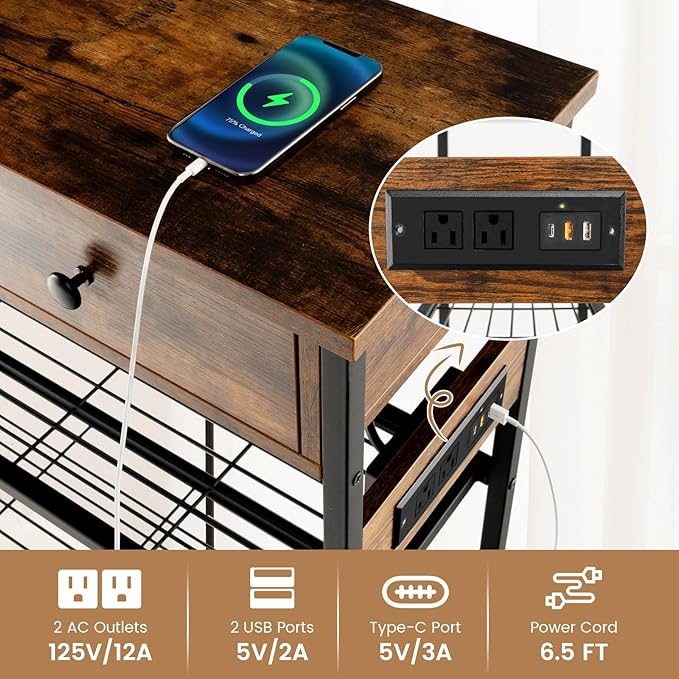 GOFLAME Console Table with Power Outlet, Narrow Entry Table with Drawers, 2 AC Outlets & 2 USB Ports, Sofa Table for Living Room Behind Couch, Living Room, Foyer, Brown