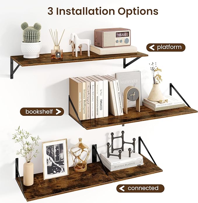 Fun Memories Floating Shelves for Wall, 12 Inch Deep Floating Shelves Set of 2, 48W x 12D Large Wall Shelf with Sturdy Metal Brackets for Living Room, Bathroom, Bedroom and Kitchen, Rustic Brown