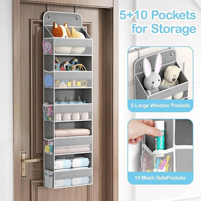 LAMU 5-Tier Over The Door Organizer Hanging, Swing - Proof Closet Behind Door Storage for Baby Clothes, Back of Door Organizers for Bedroom, Nursery and Bathroom, Grey, 1 Pack