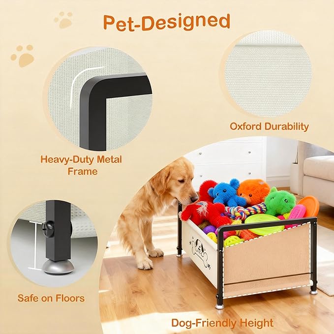 Dog Toy Basket for Storage, Metal Frame Oxford Fabric Pet Toy Organizer with Raised Legs, Large Capacity Dog Toy Bin with Front Low Opening, Washable and Durable Design