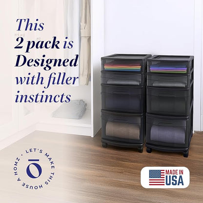 HOMZ 2-Pack Drawer Tower, 4-Tier Clear Plastic Storage Organizer Cart, Black Tint and Frame - Organizing Containers with Wheels for Home, Bathroom, Bedroom, Office, and Classroom