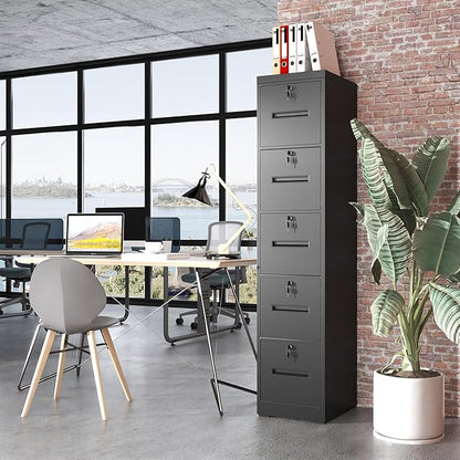 5 Drawer Metal File Cabinet with 5 Unique Locks Black Heavy Duty Locking File Cabinets Home Office Steel Filing Cabinet Vertical File Cabinets for Legal/Letter Size File,Assembly Required