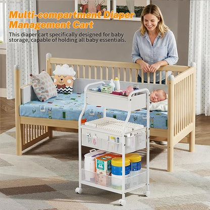 Diaper Caddy Organizer 3-Tier Rolling Cart, Metal Utility Cart with 4+2 Dividers & Lockable Silent Casters, Mobile Storage Cart for Nursery Essentials, Multi-Purpose for Kidsroom Changing Table