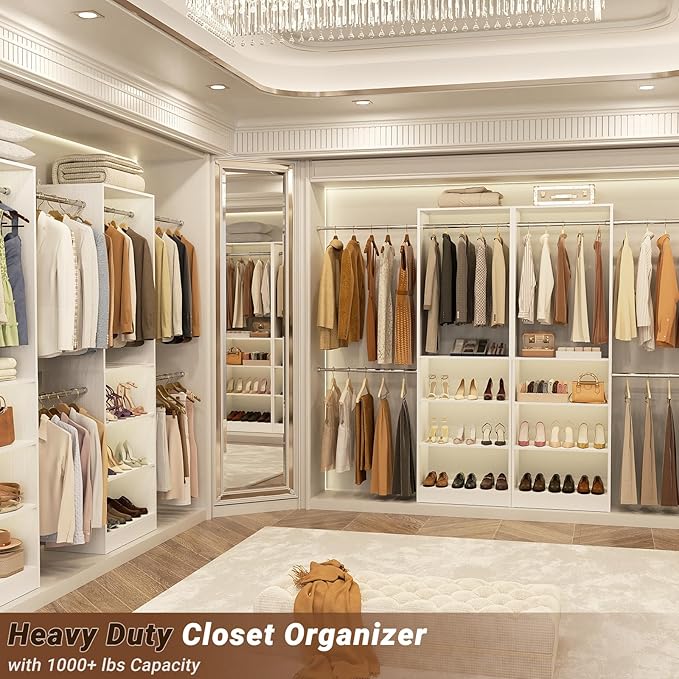Homieasy White Wooden Closet System, 4.5-10ft Expandable Closet Organizer with 5 Hanging Rods & 4-Tier Shelving Tower, Adjustable Walk-in Reach-in Wardrobe Storage Solution for Bedroom