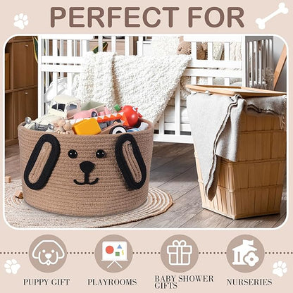 Zopeal Dog Woven Basket, 11.8" D x 6.7" H Cotton Rope Toy Storage Organizer, Dog Mom Gift Empty, Cute Laundry Puppy Gift Animal Basket for Clothes, Towels, Toy, Laundry, Bathroom, Home(Khaki, Black)