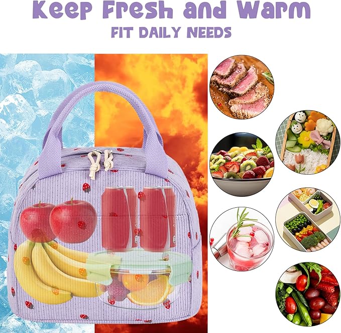 Bluboon Lunch Bag for Women Men Cute Corduroy Lunch Tote Bags Reusable Insulated Lunch Box Large Capacity Reusable Insulated Cooler for Work Picnic or Travel
