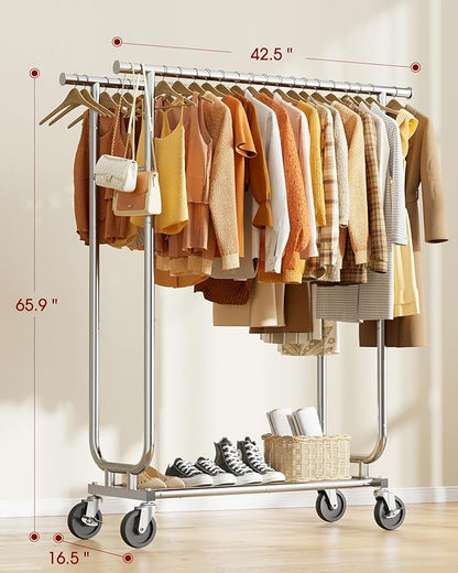 Stainless Steel Rolling Clothes Rack with Mesh Shelf, Lockable Wheels & Anti-Slip Stoppers, Freestanding Clothing Organizer for Bedroom, Laundry Room, 43.5" x 16.5" x 65.9", Silver