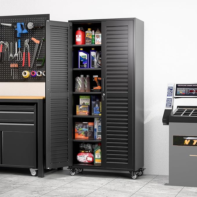 Garage Storage Cabinet with Wheels, 71" H Lockable Metal Storage Cabinet with 5 Adjustable Shelves for Garage,Warehouse, Home, Assembly Required, Black