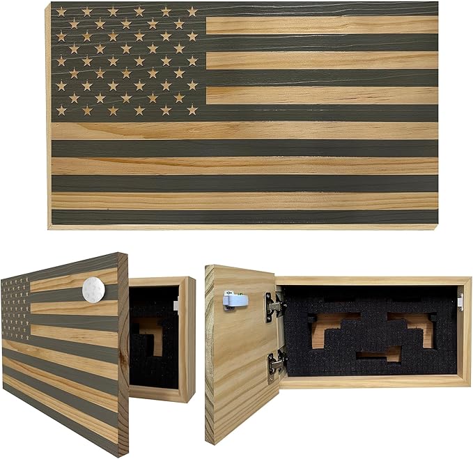 American Flag Hidden Gun Safe - Quick Access Hidden Gun Shelf - Concealment Shelf with Magnetic Lock - Wall Gun Safe for Secure Firearm Storage - Handcrafted In USA by Bellewood Designs (Gray)