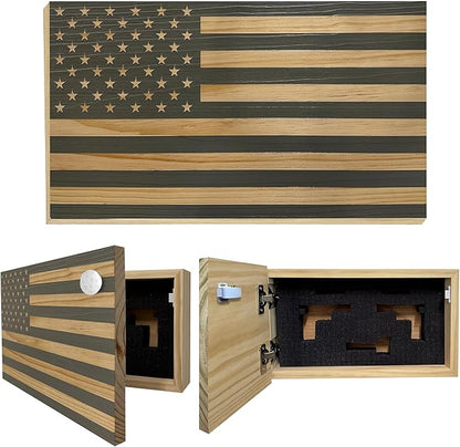 American Flag Hidden Gun Safe - Quick Access Hidden Gun Shelf - Concealment Shelf with Magnetic Lock - Wall Gun Safe for Secure Firearm Storage - Handcrafted In USA by Bellewood Designs (Gray)