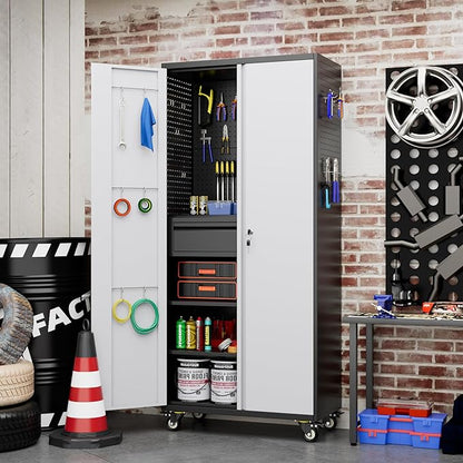 Aobabo Garage Storage Cabinet with Wheels and 1 Interior Drawer, 71" H Metal Rolling Cabinet with 16 Hooks and 2 Adjustable Shelves for Garage, Home, Office, Kitchen, Assembly Required, Black Gray