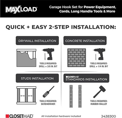 ClosetMaid MaxLoad 5-Pack Garage Hooks & Hangers Wall Mount Heavy Duty Storage for Cords, Power Equipment, Long Handle Tools, Cords, Hoses, Shovels, Black