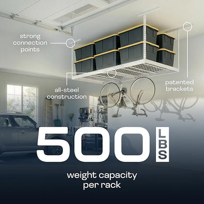 2-Pack 4 x 8 MonsterRax Overhead Garage Storage Rack, Ceiling Racks for Garage, Organization Shelving, Adjustable Hanging Shelf, White, 12"-21" Height Adjustment