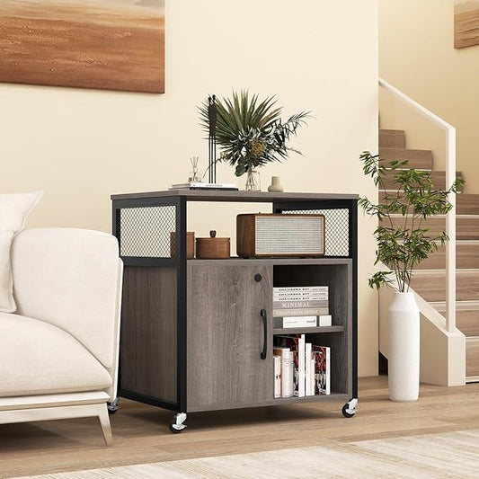 Giantex File Cabinet, Lateral Filing Cabinet with Lock, Wheels, Charging Station, Cable Hole, Lockable Side Cabinet, Adjustable Shelves, Metal Frame, Printer Stand for Home Office Small Space (Grey)