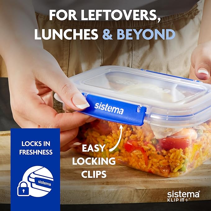 Sistema KLIP IT PLUS Food Storage Containers | 3.35 L | Leak-Proof, Stackable & Airtight Fridge/Freezer Containers with Lids | BPA-Free Plastic | Blue Clips | 3 Count