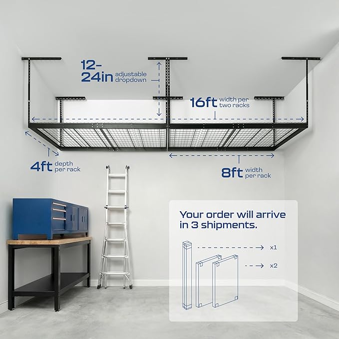 2-Pack 4 x 8 MonsterRax Overhead Garage Storage Rack, Ceiling Racks for Garage, Organization Shelving, Adjustable Hanging Shelf, Grey, 12"-21" Height Adjustment