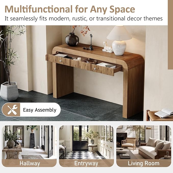 54.3" Rustic Console Table with Fluted Drawer Front,Entryway Table with Curved Corners & Thick Legs,Sturdy Sofa Table for Hallway & Living Room,Natural