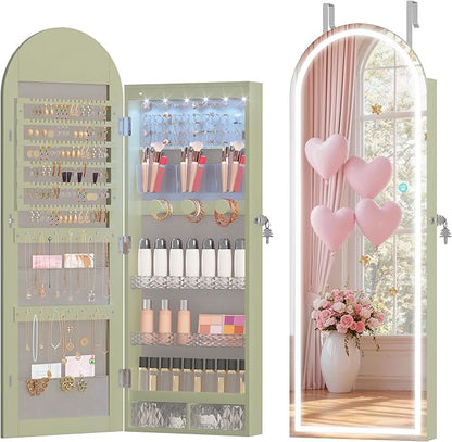 LVSOMT Wall Mounted Jewelry Organizer Lockable, Door Hanging Arched Mirror with Lights and Jewelry Storage, 6 LEDs Jewelry Cabinet (Laurel Green)